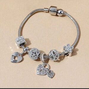 Rhinestone heart Silver Charm Bracelet